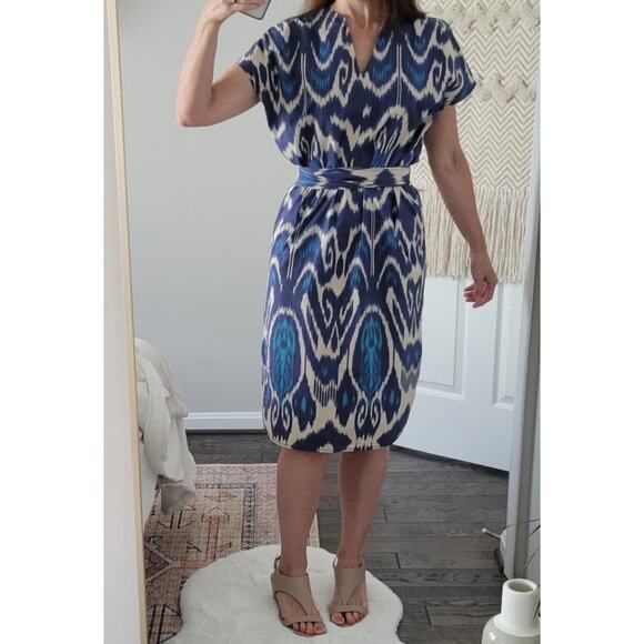 VANESSA BRUNO Blue Printed 100% Cotton V-Neck Belted Amarillo Dress Size 42 - Picture 10 of 12